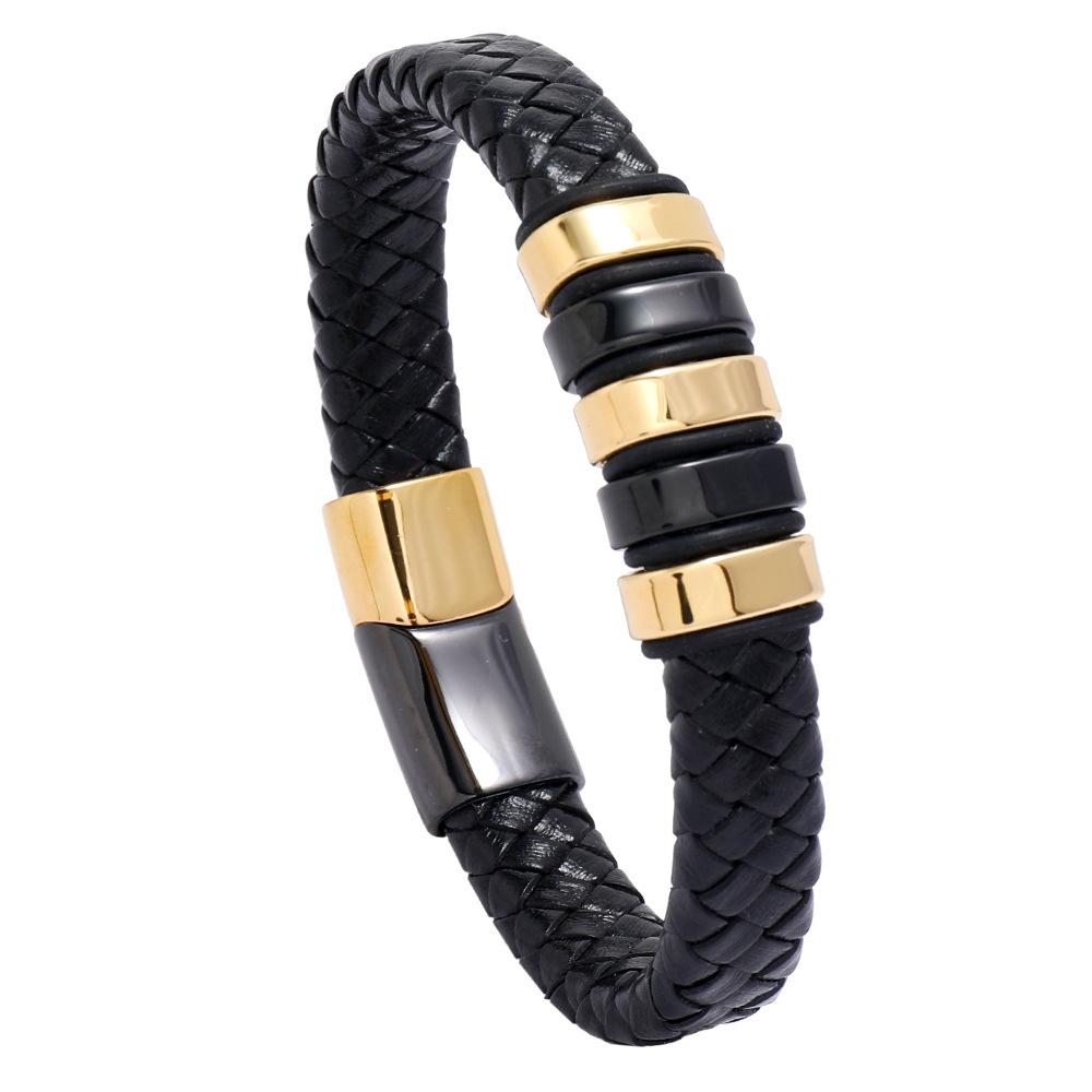 Hot Selling Men s Simple Stainless Steel Magnetic Clasp Bangle Leather Bracelet Men Accessories Fashionable 22.5cm чёрный