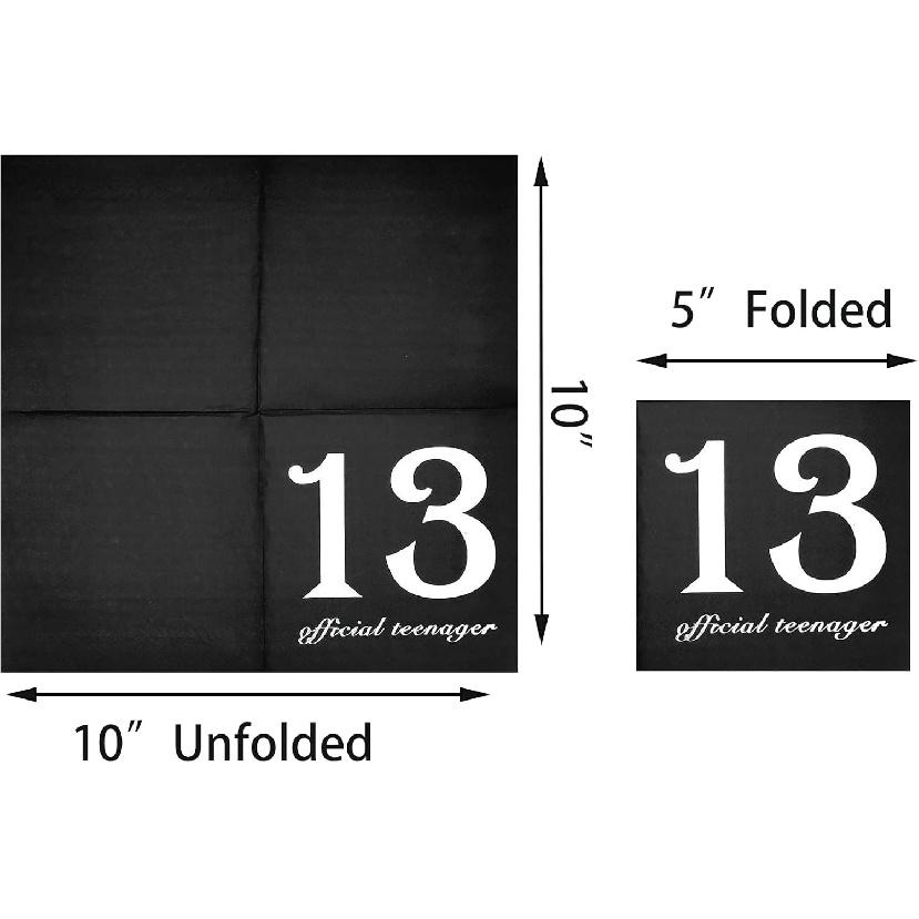 40pcs Black and Silver Official Teenager 13th Birthday Cocktail Napk 13th Birthday Decorations for Boys Girls Party Supplies Disposable Paper