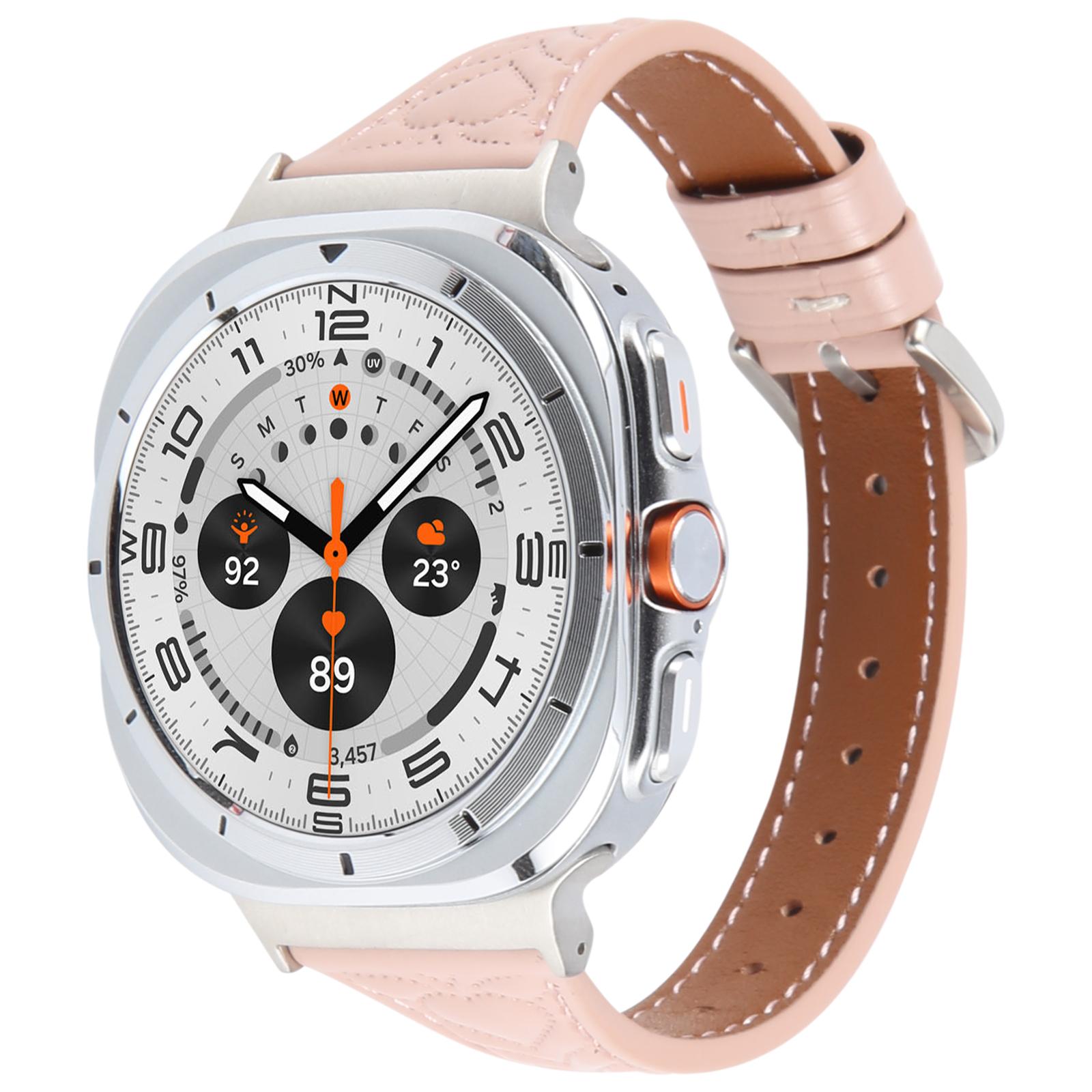 

For Samsung Galaxy Watch Ultra 47mm Heart Pattern Embossed Watch Band Cowhide Leather Strap Pink