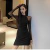 French Temperament Spice Girl Style Sexy Long-sleeved Dress Women's Summer Splicing Mesh Slim and Thin Hip-wrapped Short Skirt
