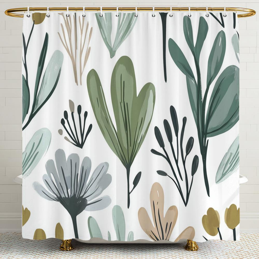 1pc Simple style Leaves Print Polyester Shower Curtain Bathroom Decoration Curtain,Hanging Curtain With Hooks Machine Washable