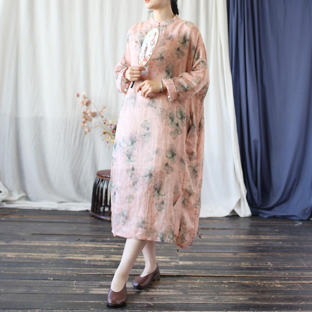 Johnature Vintage Women Dress Autumn Print Floral Stand Long Sleeve Button A-Line High Quality Dress