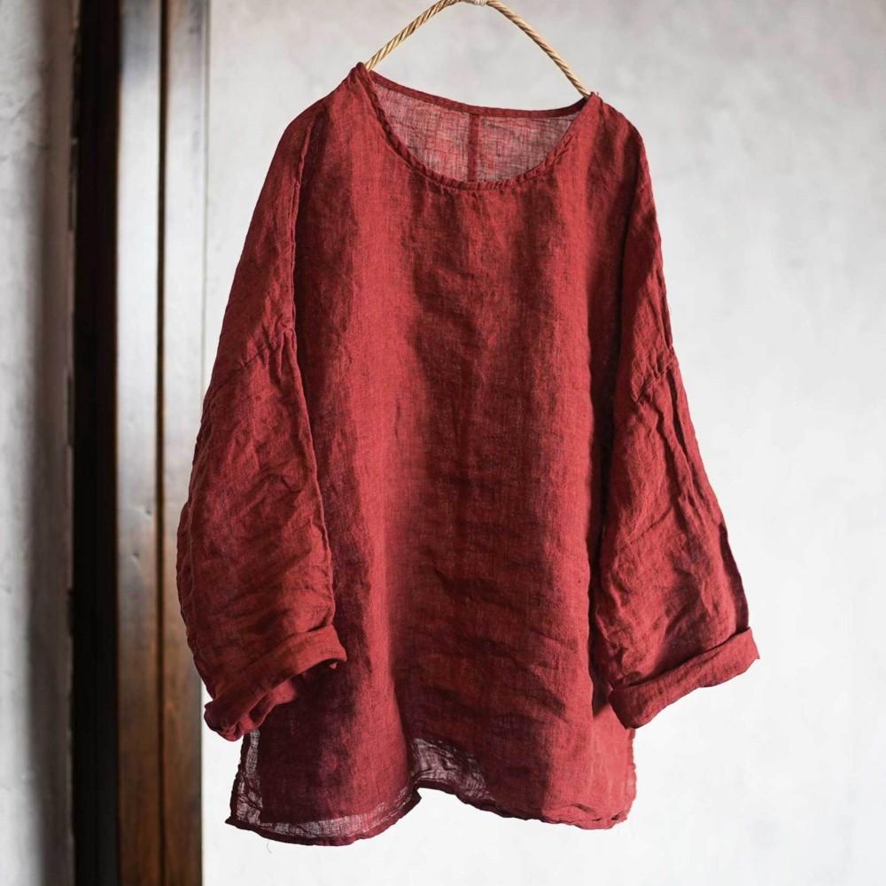 Johnature Women T-Shirts Vintage Spring Chinese Style Solid Color Long Sleeve O-Neck Loose Female T-Shirts