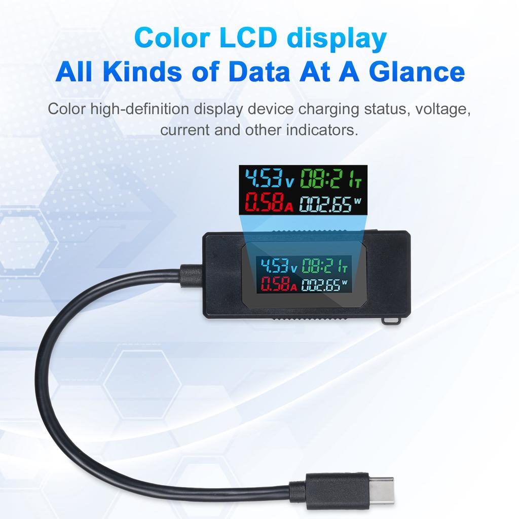 Voltage Meter Type-C Voltage and Current Meter 4-30V 0-6.5A 195W Type-C USB Voltmeter with Color LCD Display