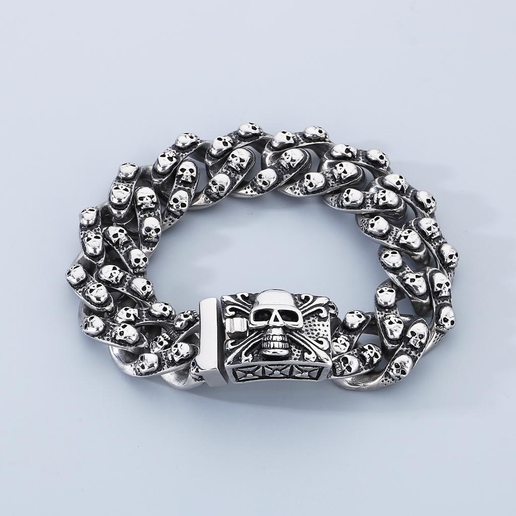 Punk Skull Charm Bracelets For Men Stainless Steel Cuban Chain Men Bangle Bracelet Silver Black Color Skeleton Jewelry