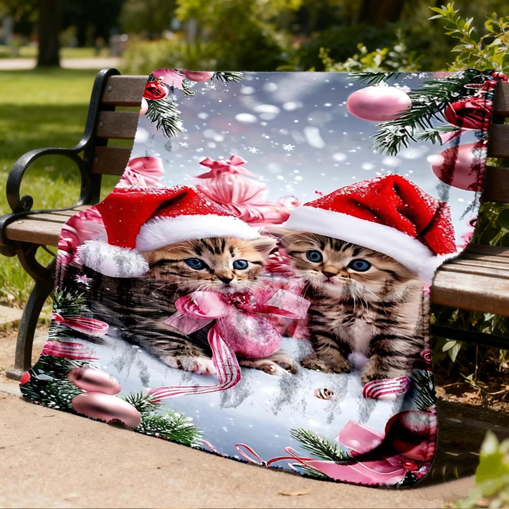 1pc Christmas kittens Outdoor Flannel Blanket Soft All Season Polyester Throw , Perfect for Picnics & Travel , Picnic Accessory