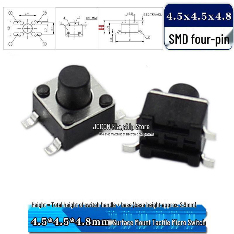 SMD Tactile Micro Switch 4.5x4.5mm, Height Options: 3.8-9mm, Copper Pins