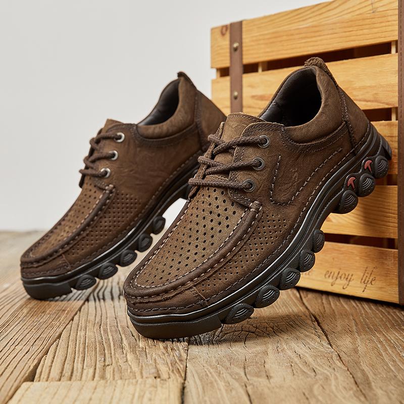 Fashion Summer Outdoor Oxford Shoe Quality Men Classic Thick Soled Male Sneakers Shoes Punching Genuine Leather Comfortable Casual Shoes