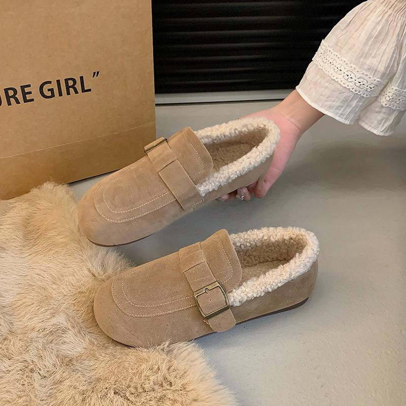 Retro Doudou shoes women's 2025 winter new fleece thickened casual soft-soled fluffy shoes one-pedal flat cotton shoes