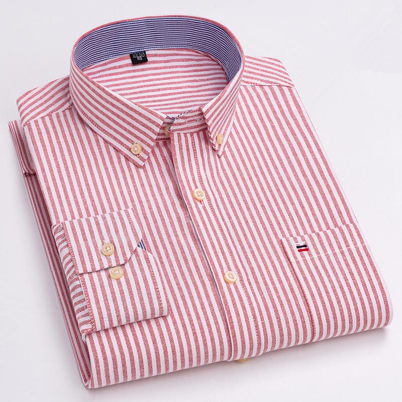Pánská pruhovaná kostkovaná oxfordská bavlněná neformální košile s dlouhým rukávem Pohodlný prodyšný límec Knoflíkový design Štíhlá pánská společenská košile