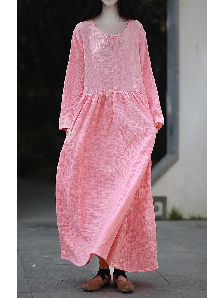 Women's Double-Layer Cotton and Linen Retro Long Dress - Cool, Gentle Style, Available In 4 Colors