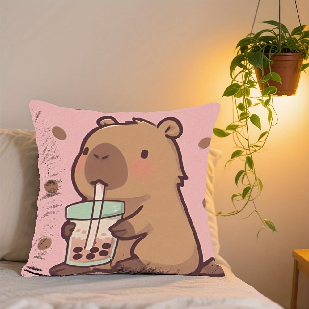 1Pc Cute Capybara Boba Tea Pillow Cover, 2D Double-Sided Polyester Cushion Case, Kawaii Pastel Decor Pillowcase, Gift For Capyba