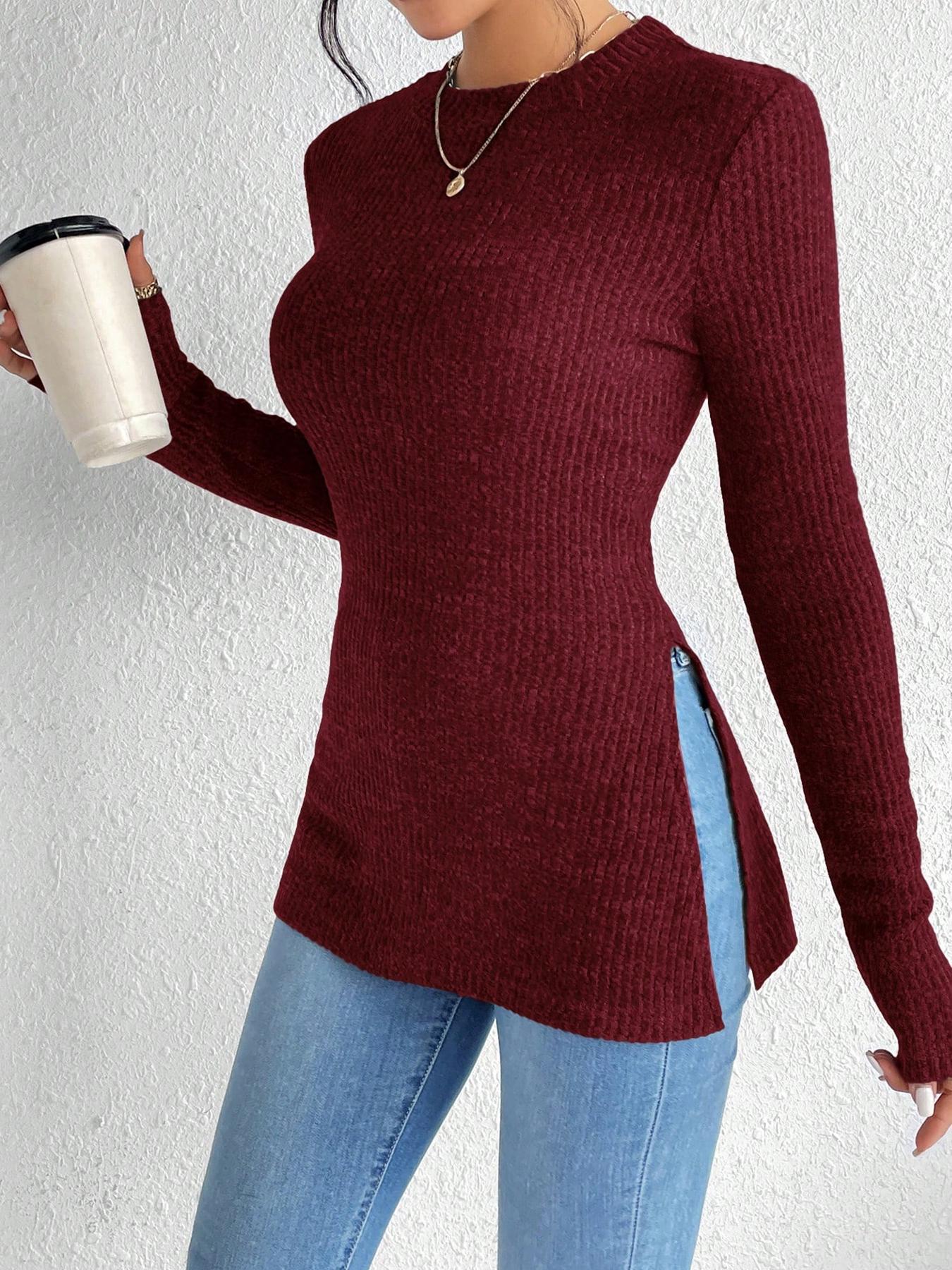 European and American Slim-Fit Ribbed Knit Split Long-Sleeve Top Small вино красного