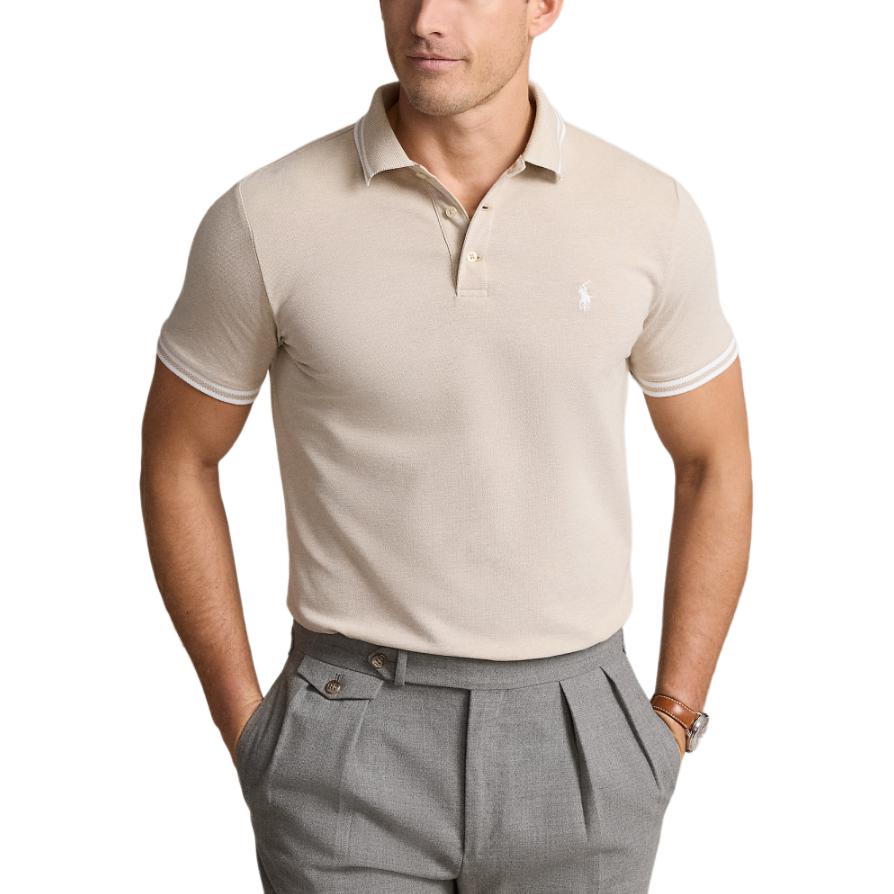 Polo Ralph Lauren SS24 Logo Embroidered Striped Trim Slim Fit Short Sleeve Polo Shirt Men polo shirts Beach-Beige MNPOKNI1N822953-250
