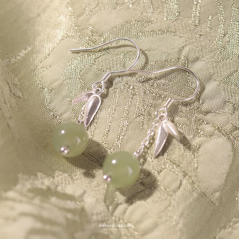 Hetian Jade Ear Hook Earring Women's High-end Temperament Ethnic Retro Earrings Cloisonne Craft Dangler Gift