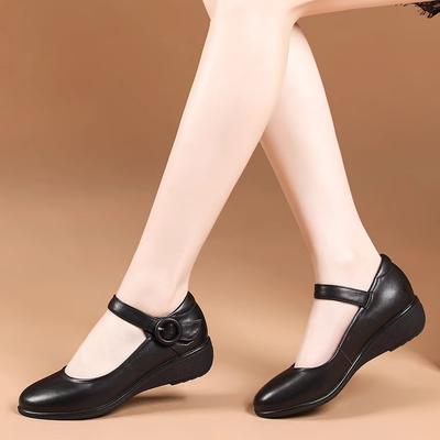Mary Janes mit Keilabsatz, kleine Lederschuhe, Frühling und Herbst, neu, runde Spitze, niedriger Absatz, Einspangen-Design mit leichtem Ausschnitt, Einzelne Schuhe, bequeme Mutterschuhe