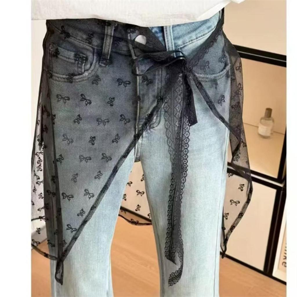 INS Style Women Lace Layered Gauze Skirt with Tie Up Y2k Streetwear Apron Lace Up Matching Pants Spicy Girl Wrap Skirt Stacked