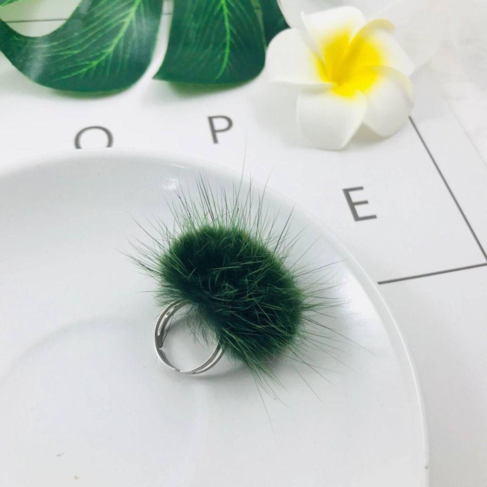 Opening Adjustable Pompom Fur Ball Ring Alloy Ring Cute Fur Ball Mink Hair Finger Ring  Women