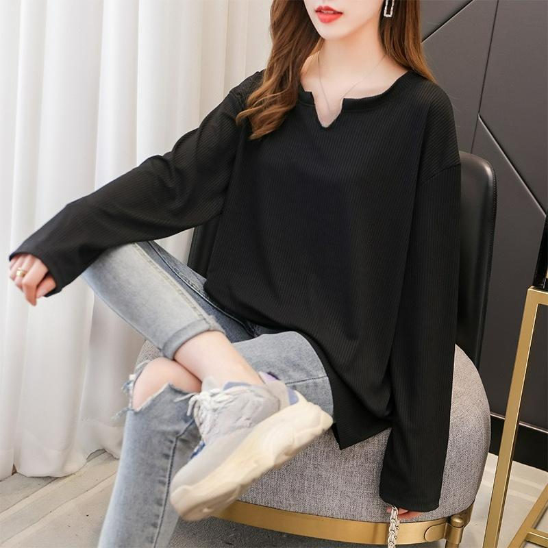 Frühlings- und Sommer-Lässiges Allround-Basics-Shirt, Extra Große Größe, Rippen-T-Shirt, Design-Akzente, V-Ausschnitt, Bauchbedeckend, Dünnes Oberteil, Damen