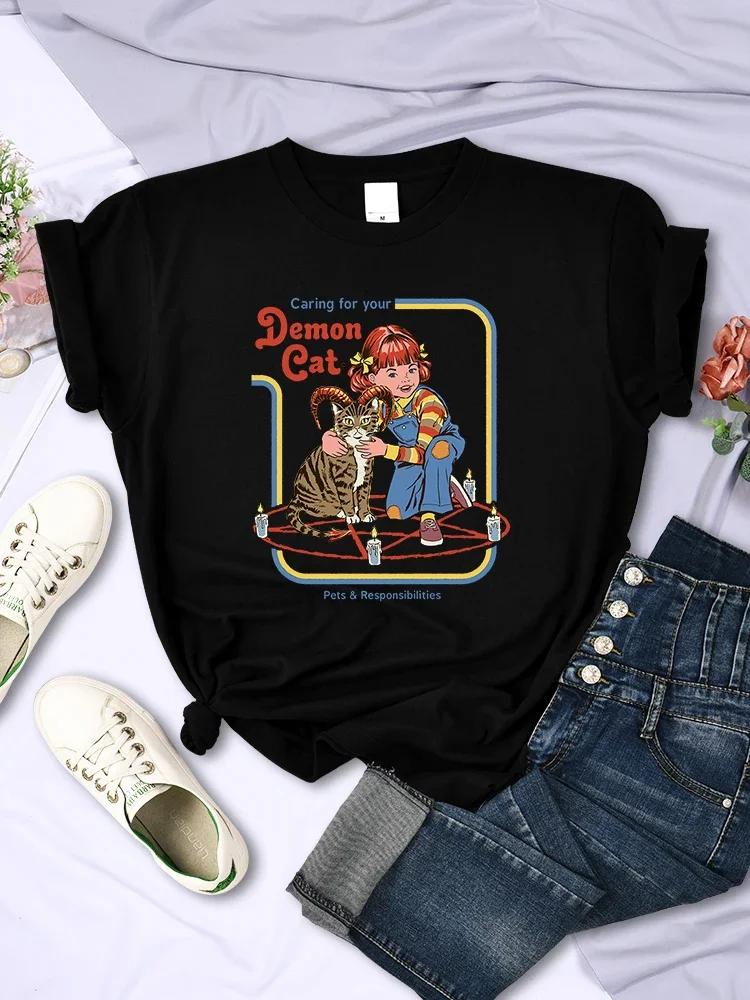 Caring For Your Demon Cat Womens Short Sleeve Personality Casual Tops Breathable Allmath TShirts Street Hip Hop Women Clothing