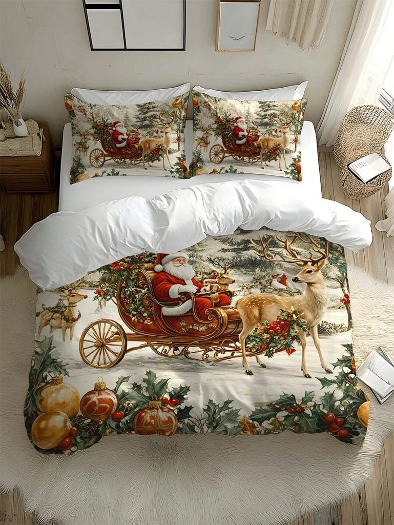 2/3pcs Christmas Tree, Gift Box, Snowflake, Deer, Santa Clause Digital Printing Brushed Duvet Cover Set, Soft & Comfortable