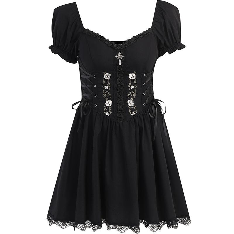 Goth Gothic Vintage Princess Dress Women Dark Lace Up Cross Corset Streetwear Partywear Lolita Female