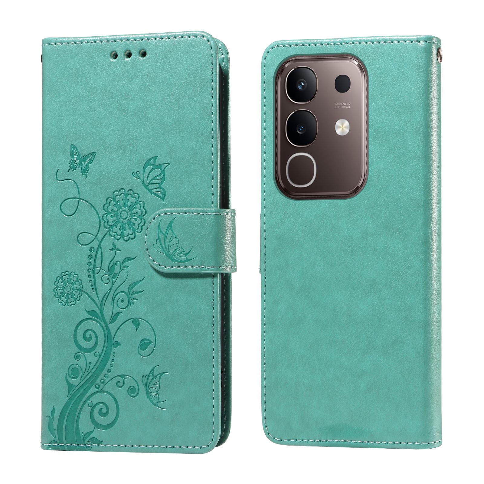 

For vivo Y29 4G Leather Case Butterfly Floral Imprint Wallet Stand Cover Green
