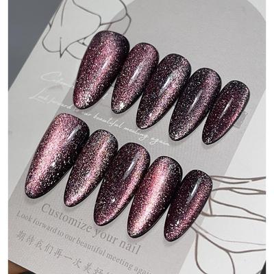 HANDMADE Artificial Nail Almond Purple Starry Cat's Eye Phototherapy Nails Fake Nails Reusable and Removable Nails