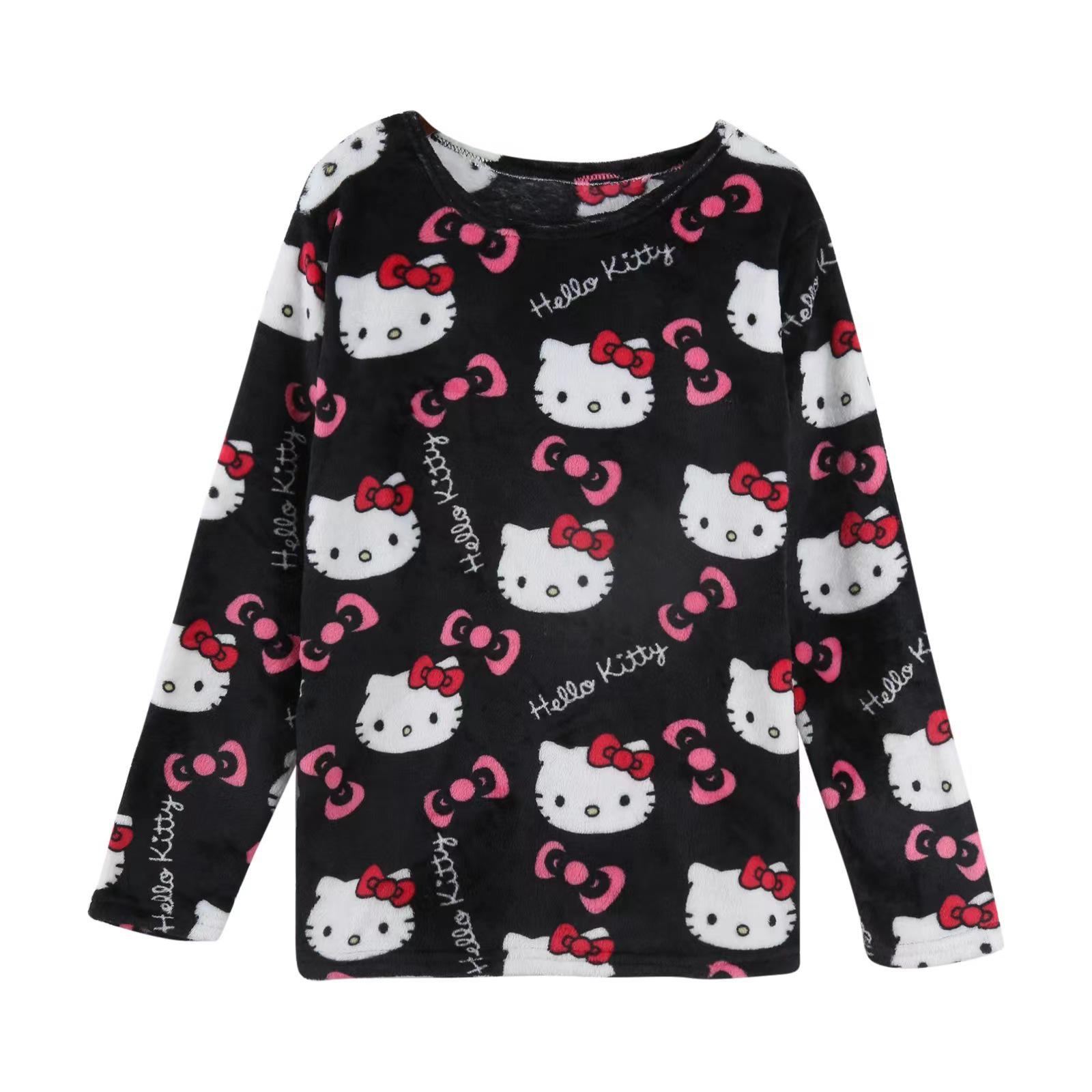 Women s Cartoon Cat Print Long Sleeve Flannel Pajamas Top - Thick Coral Fleece for Autumn/Winter