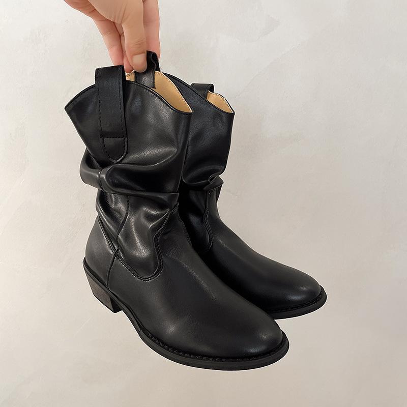 

2025 new grape mother same shoes round head pig s trotters split-toed boots cool sa thick heel pleated western pile boots autumn 35 чёрный