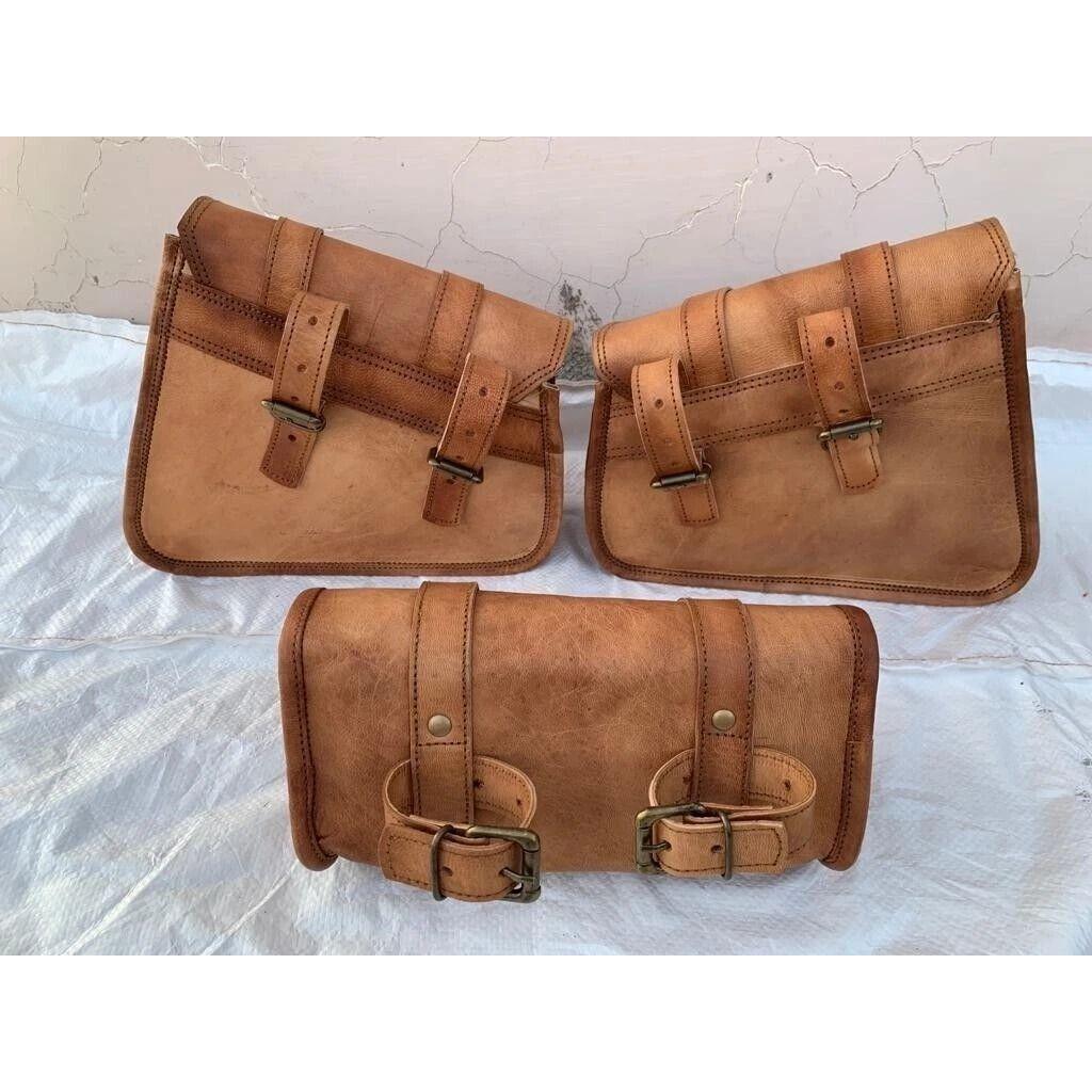 Leather Bag Saddle Motorcycle Bags Bike Brown Panniers Side Vintage Bicycle New