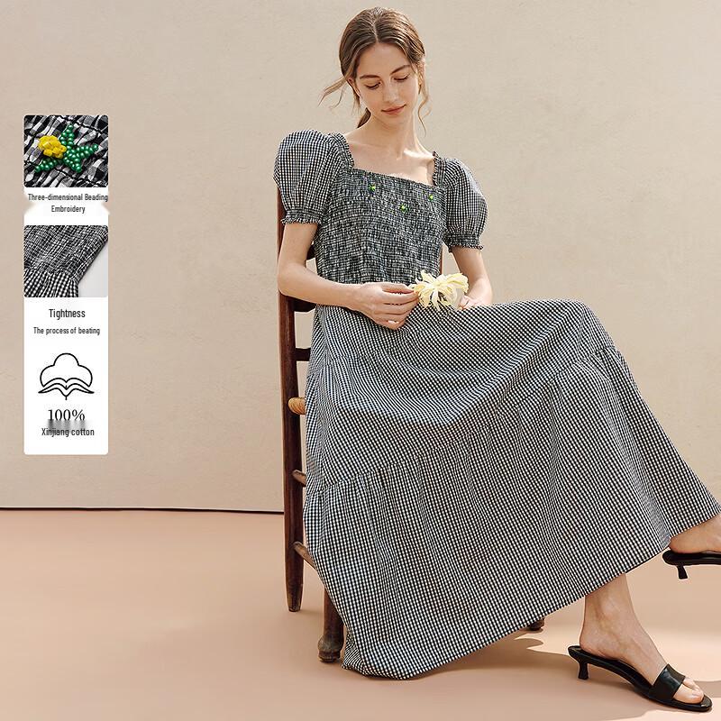 INMAN 100% Cotton Retro Plaid Puff Sleeve Midi Dress L