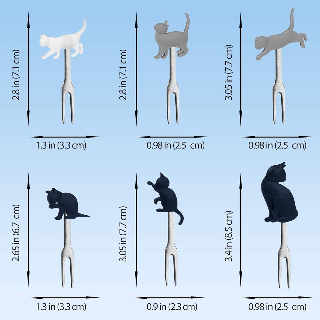 Cocktail Forks, 6-Piece Appetizer Forks, Cat Shapes, Stainless Steel and Silicone Small Forks for Fruits, Cheese, Appetizers