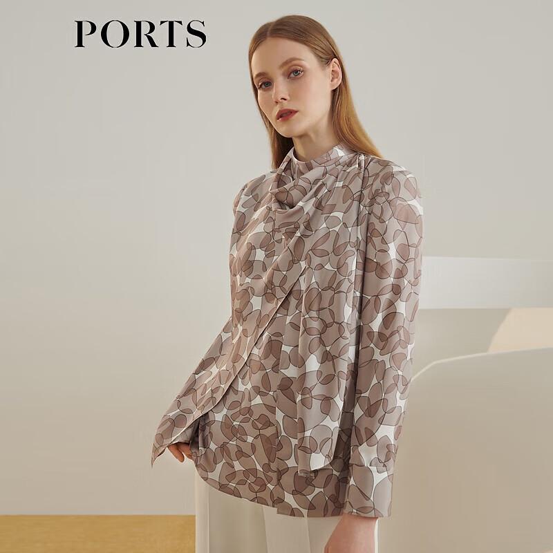 PORTS Women s Elegant Sand Camel Print Scarf Collar Blouse XS