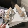 Coarse-heeled Sandals Women's Summer 2025 New Bow Rhinestone Open-toed Cool Slippers Design Sense Niche High Heels