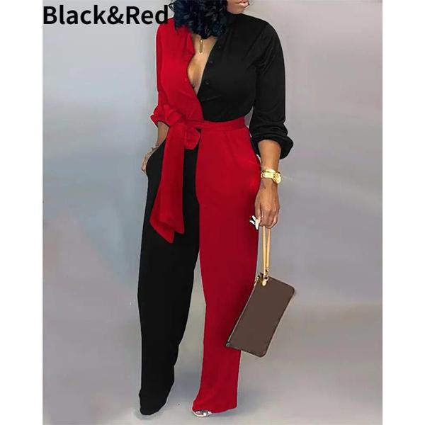 

Женский комбинезон на пуговицах с длинным рукавом и воротником с лацканами, комбинезон с широкими штанинами и поясом S