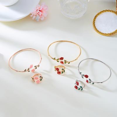 Vintage Rote Rose Blume Armband Anhänger Ring Set Für Frauen Offener Armreif Fingerring Party Hochzeit Schmuck Verstellbar Geschenk