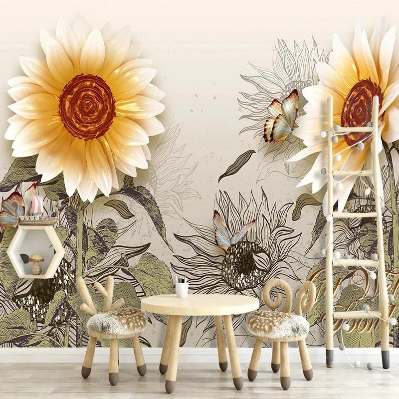 3d Relief Mural Sunflower European Style Retro Wallpaper Living Room Tv Background Wall Decor Wall Mural