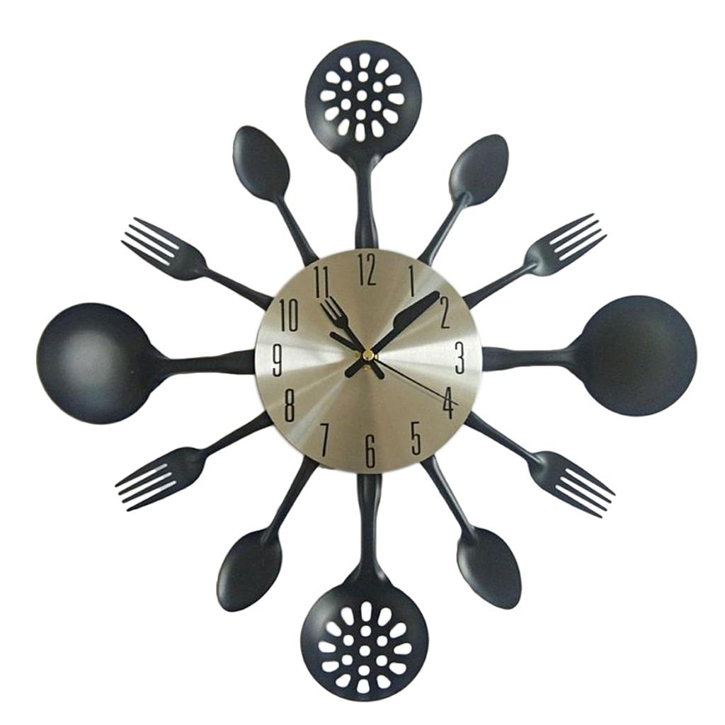 Creative Kitchen Wall Clock with Utensils Non-ticking Silent Wall Clock Round Stainless Steel for Home Decor