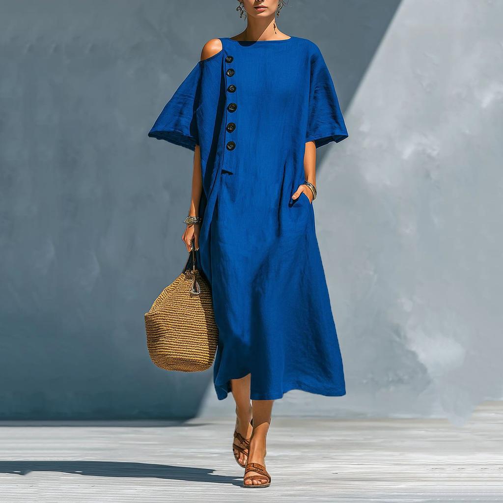 Modisches Damen Hemdkleid mit Rundhalsausschnitt, lockerer Passform, aus Baumwoll-Leinen-Mischung