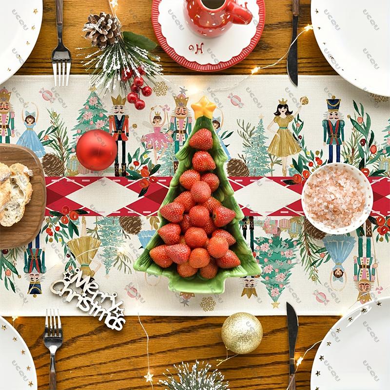 N-Nutcracker & Holly Festive Christmas Table Runner Decorative Cloth Flag Family Party Gift Xmas Home Holiday Dining Kitchen New