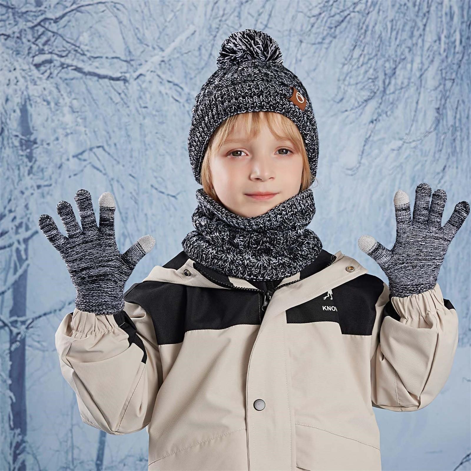 

Детский зимний комплект из шапки, перчаток, шарфа, для девочек и мальчиков, комплект из помпонов, шапок, перчаток, вязаный комплект с толстой флисовой подкладкой для 4-10 детей One Size чёрный