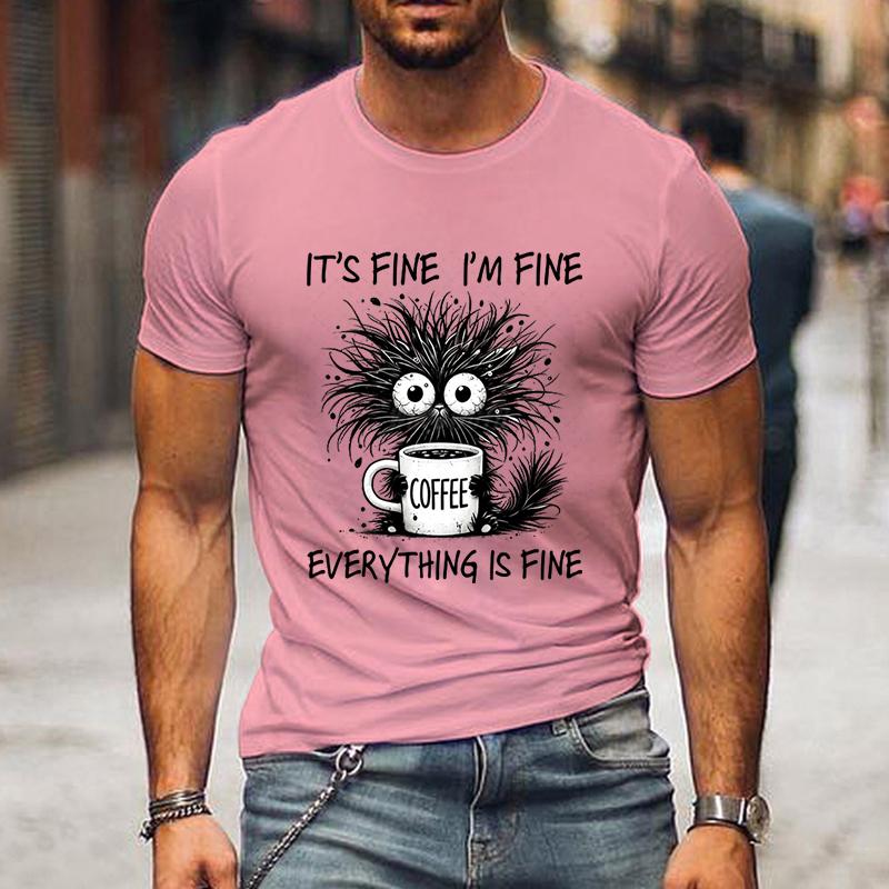 Mir geht es gut, ich bin in Ordnung, alles ist in Ordnung, lustige schwarze Katze, Herrenbekleidung, Vintage-T-Shirt, kurzärmelige Oberteile, Sommer-Modebekleidung