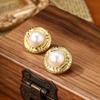 Copper Plated Gold Vintage Pearl Stud Earrings - Elegant Retro Hong Kong Style for Women