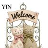 Office Space Hanging Decor Floral Cat Couple Welcome Sign, Wooden Wall Ornament, Pastoral Vintage Style Ornament Art Plaque for Living Room Bedroom &