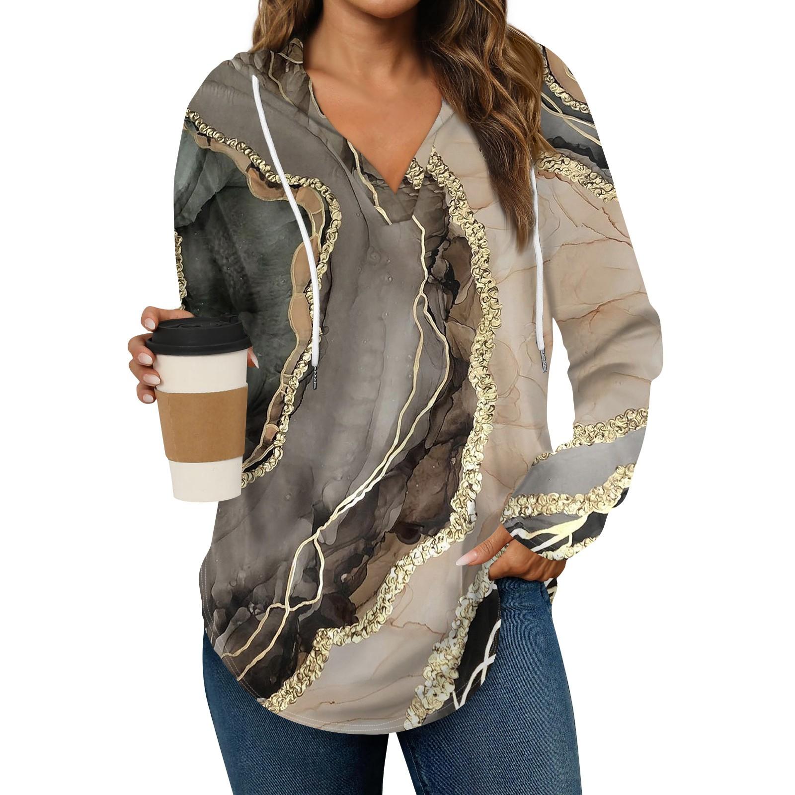 

Women s Fashion Hoodies V Neck Long Sleeve Floral Printed Drawstring Casual Loose Pullover Tops XXL