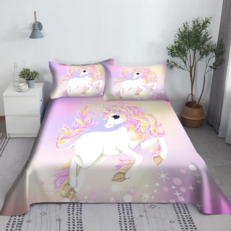 Multi colored unicorn bed sheet 3D printed cartoon polyester bed sheet with pillowcase, children's bedding gift set in full size