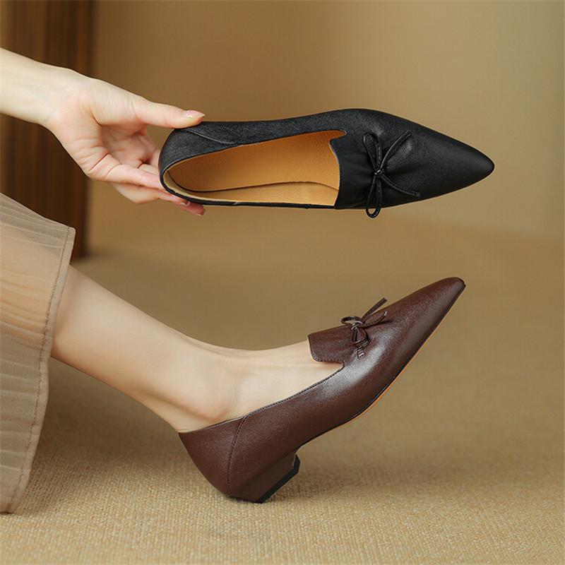 Fashion New Spring Genuine Leather Women Shoes French Retro Pointed Toe Women Pumps Bow Loafers Shoes for Women Low Heel Ladies Shoes