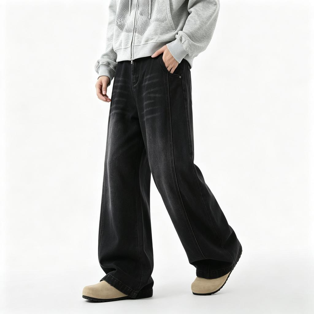 Men's Loose Fit Wide Leg Jeans Retro Hip Hop Streetwear Denim Pants Casual High Street