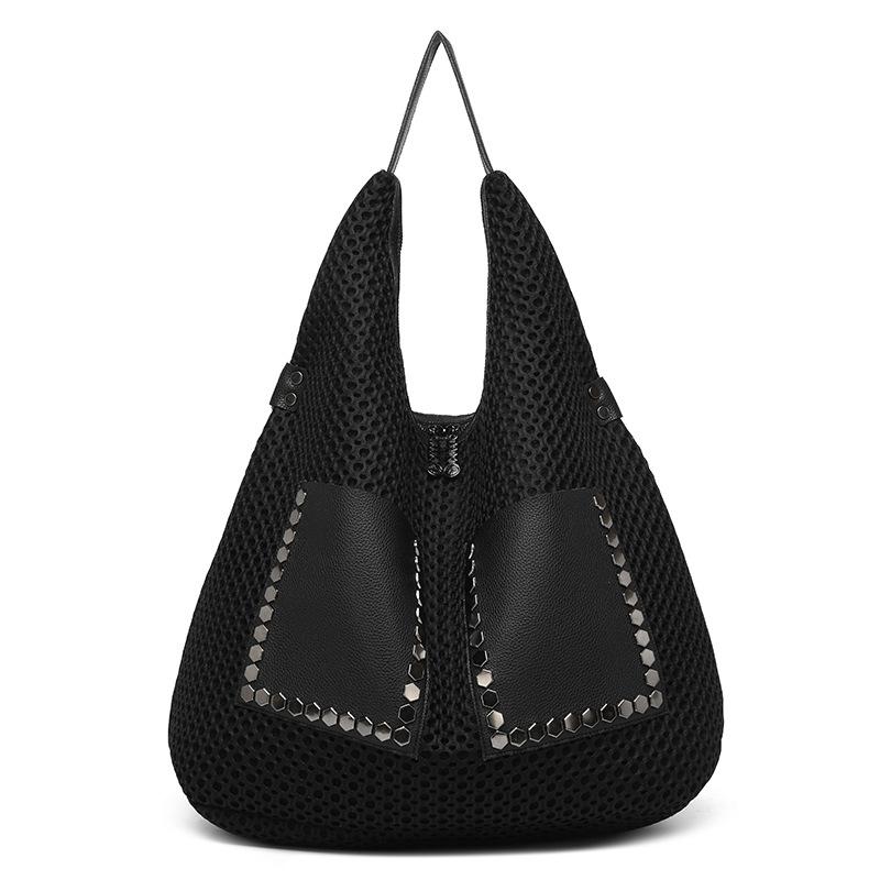 

Commuter Fashion Vintage Women Casual Tote Bag Splicing Rivets Hollowed-out Wide Strap Large Capacity Shoulder Underarm Bag